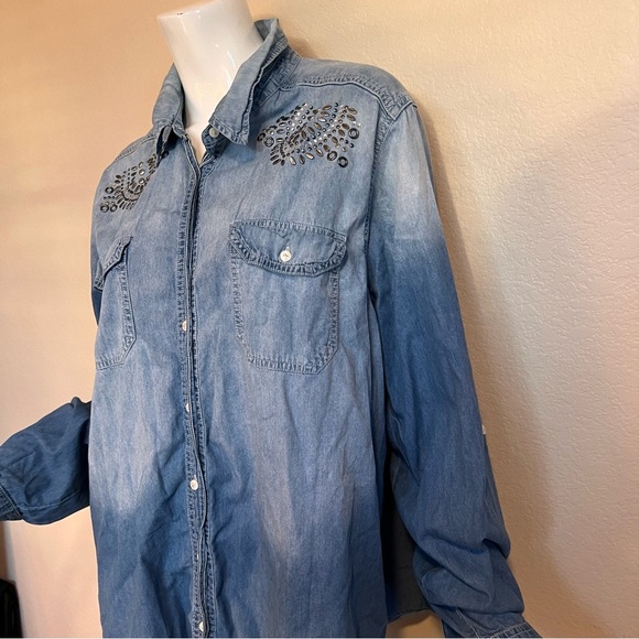 Avenue Silver Studded and Rhinestone Denim Button-Up Shirt - Picture 2 of 8